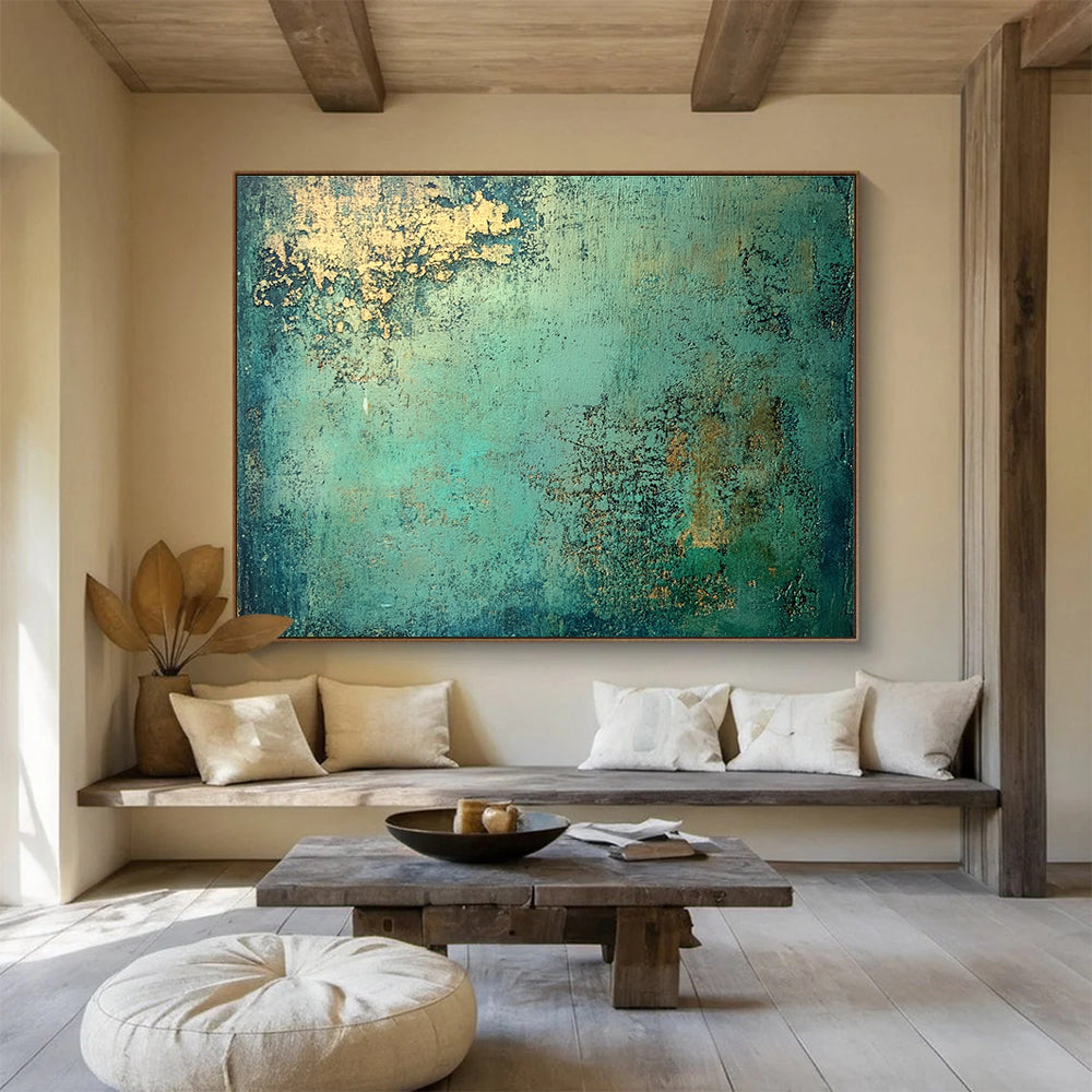 An abstract painting highlighting molten copper with a vibrant patina of green and blue, inspired by the style of Jeremy Mann.SC593