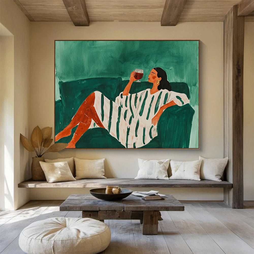 Relaxed Woman on Sofa Abstract Painting with Green and White Tones DYP582