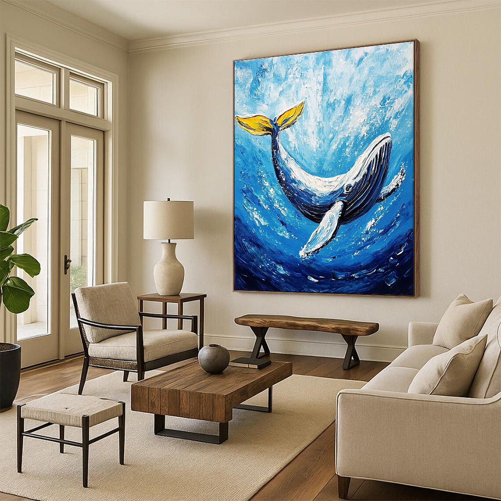 A large abstract painting featuring a majestic whale gliding through deep blue waters in vibrant acrylic colors.STSC1052