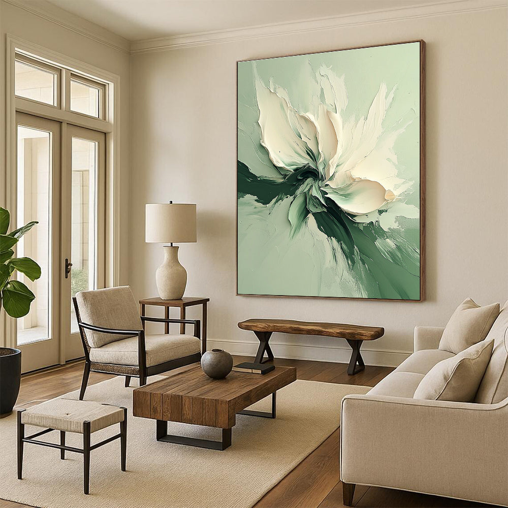 Green and White Abstract Painting with Textured Flower GER569