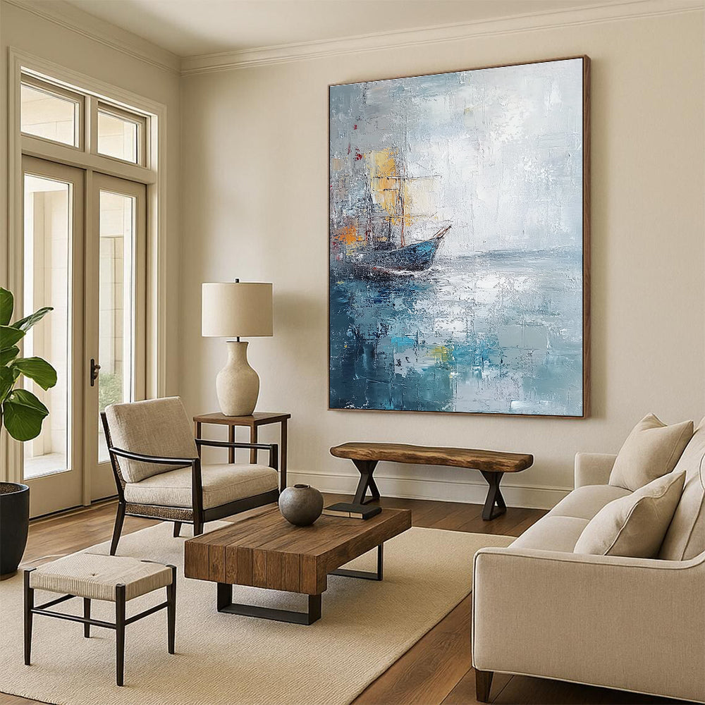 Large abstract painting with muted gray and blue tones featuring a distant ship at sea created with palette knife oil on textured canvas.STSC120