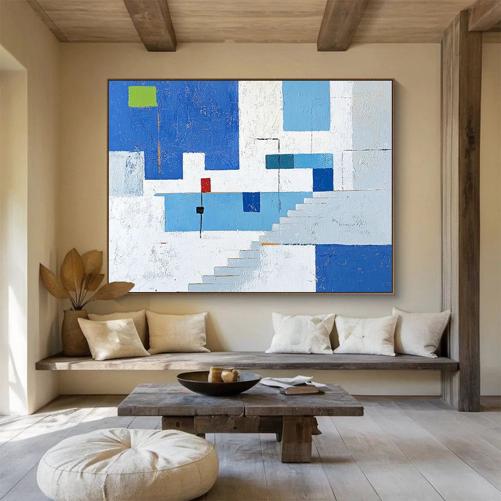 Blue and White Geometric Architectural Abstract Painting DYP081