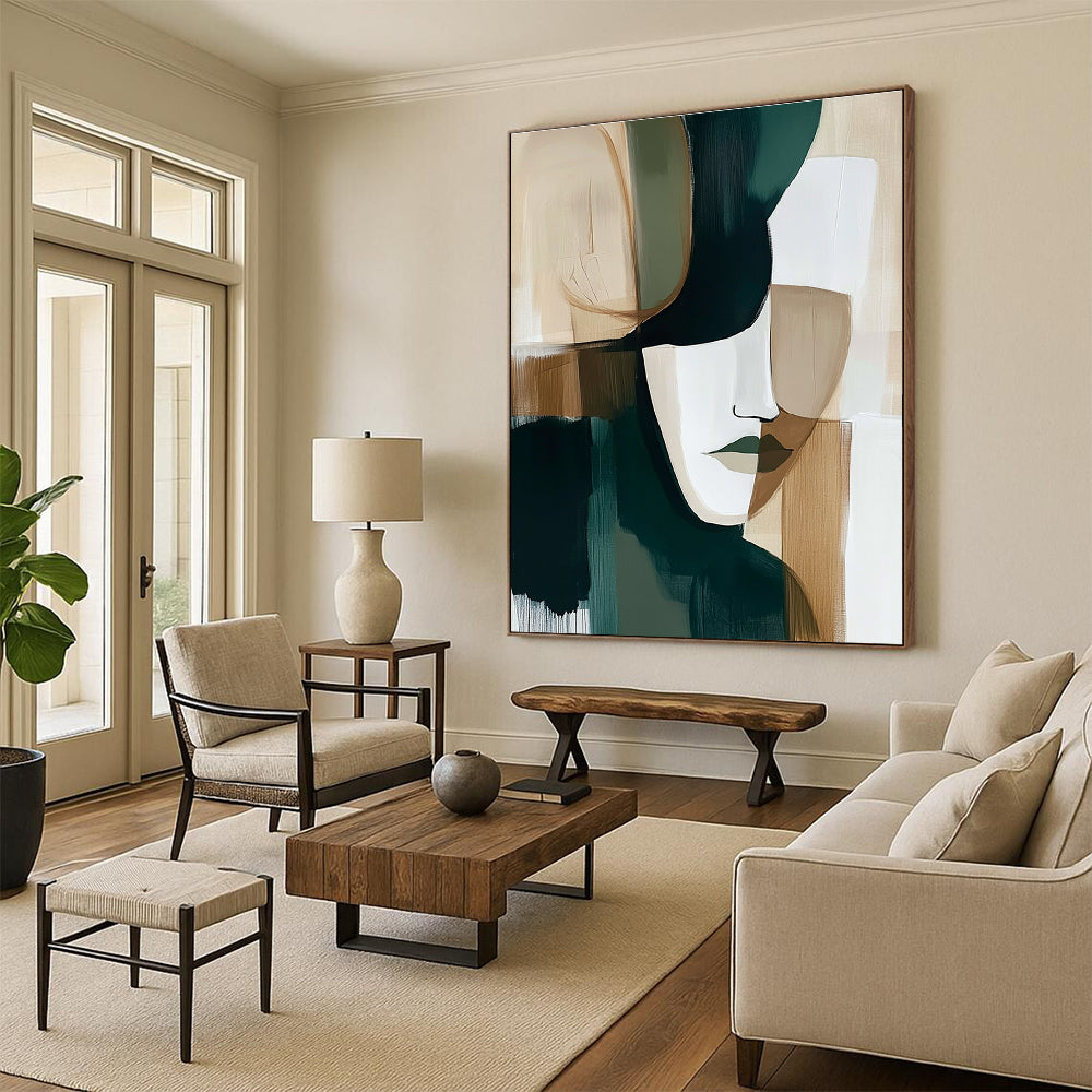 Abstract painting in dark green beige and white tones perfect for modern decor adding elegance and intrigue to any space.STSC749