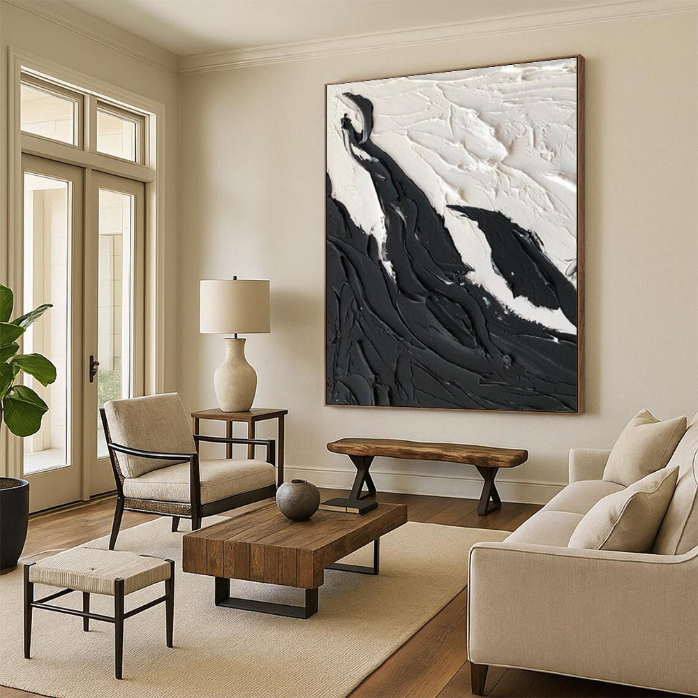 Black and White Textured Abstract Painting with Mountain - like Forms ADGE404