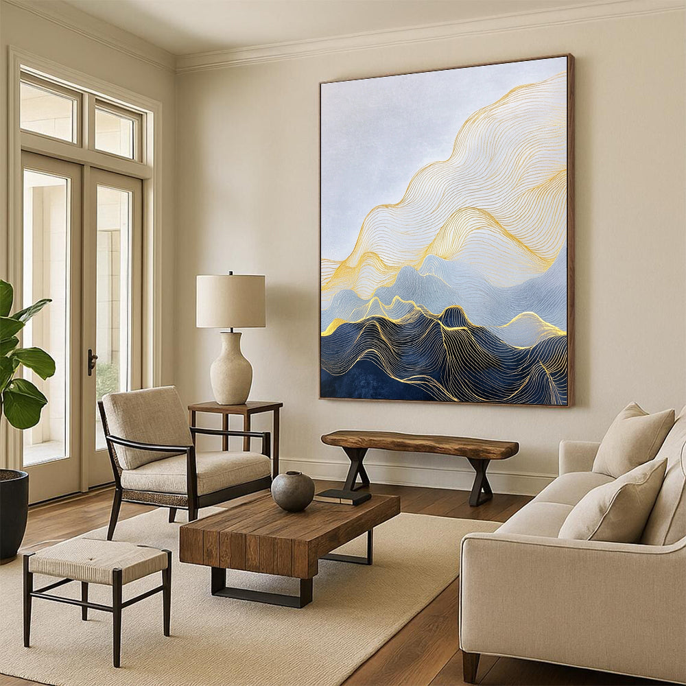 Large abstract painting depicting a minimalist landscape with golden lines forming mountains and delicate details in smooth waves and curves.STSC1257