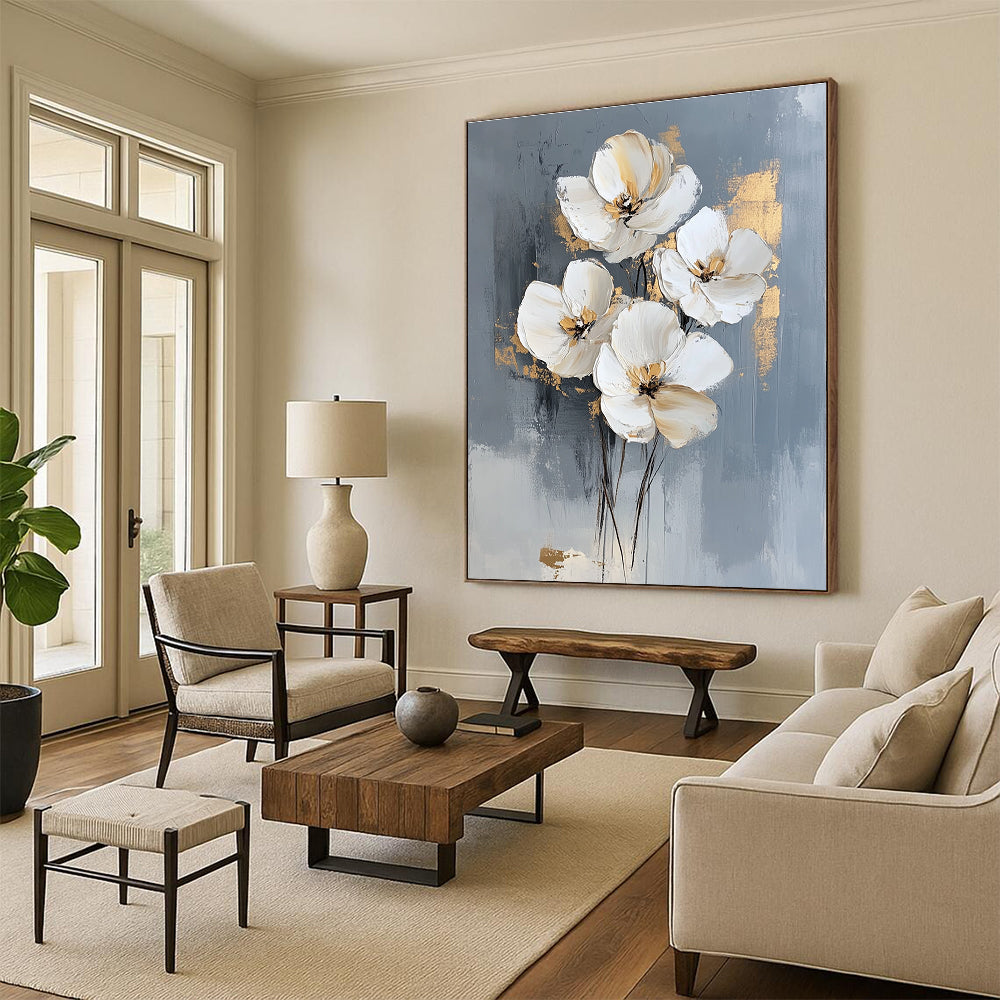 Large abstract oil painting featuring white flowers on a gray background with elegant gold accents for a stunning modern decor statement.STSC511