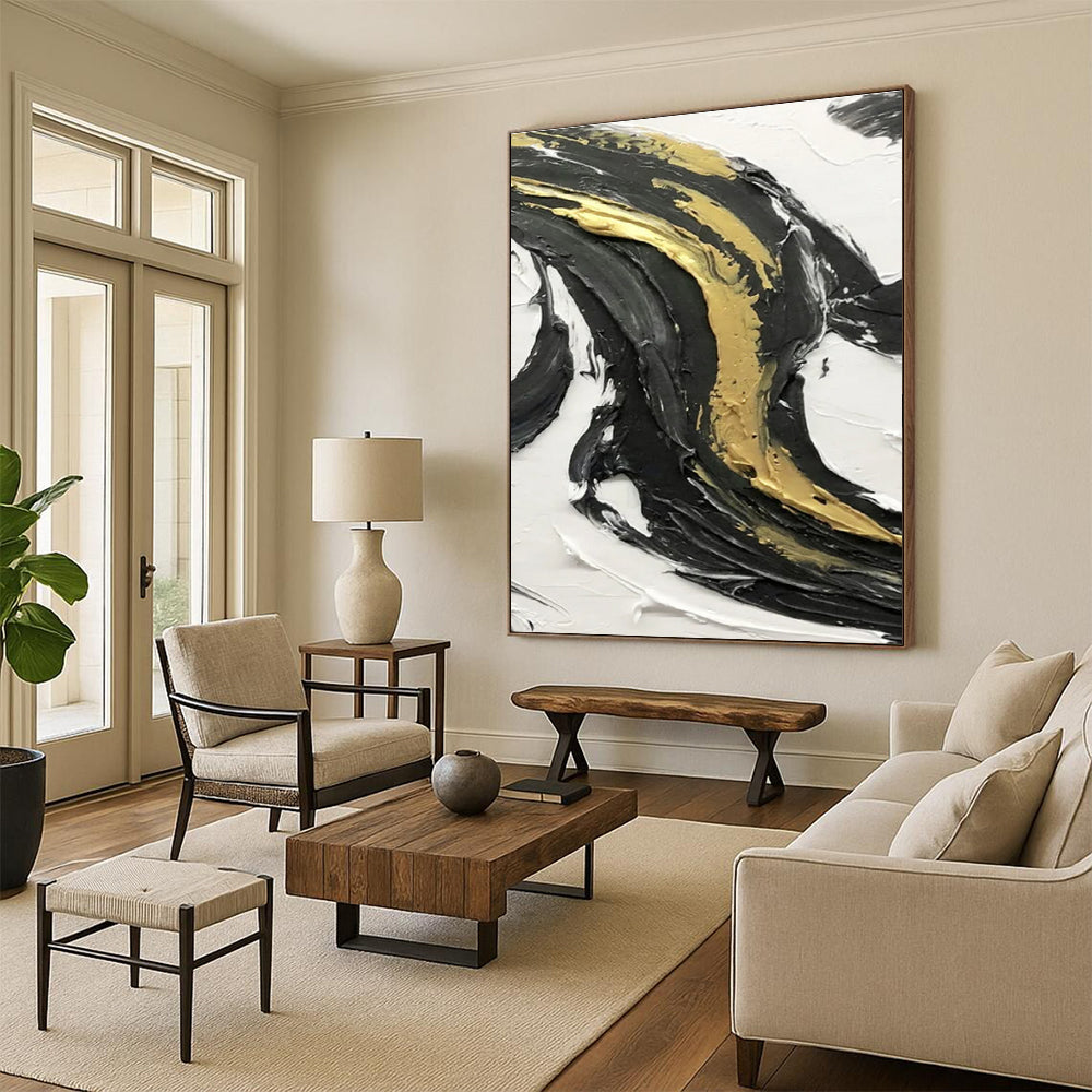 Gold - Enhanced Black and White Swirl Abstract Art with Rich Textures ADGE379