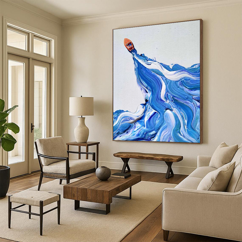 Blue and White Wave Boat Abstract Painting with Textured Seas ADGE321