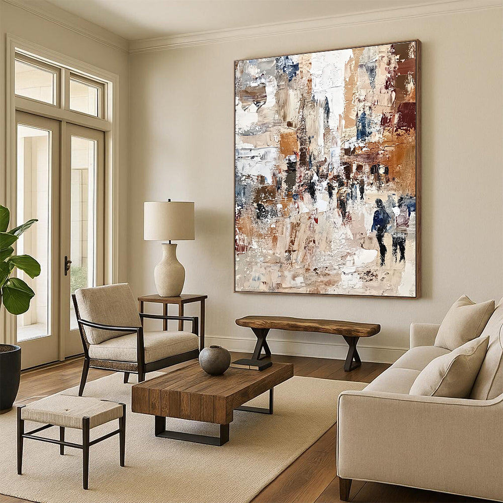 Large abstract painting of a bustling cityscape with textured impasto strokes in muted earthy tones and patchworks of warm colors, evoking impressionistic depth.STSC597
