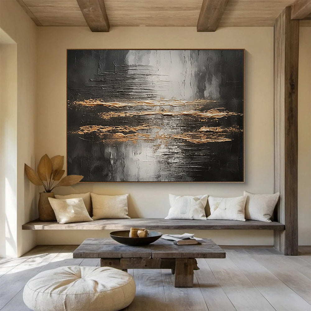 Black and Gold Abstract Painting with Textured Patterns THY318
