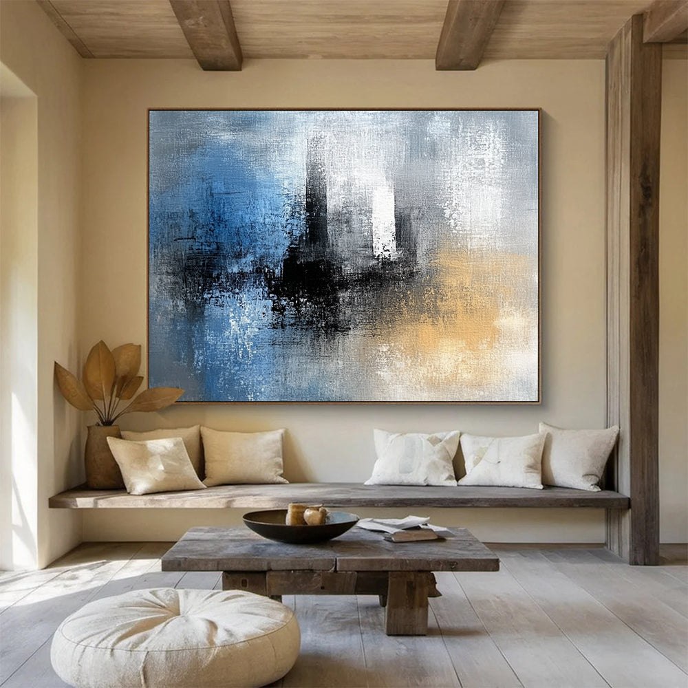 Abstract painting featuring blue black and white textures with gray yellow and brown hues complemented by a tower silhouette in the background.SC032