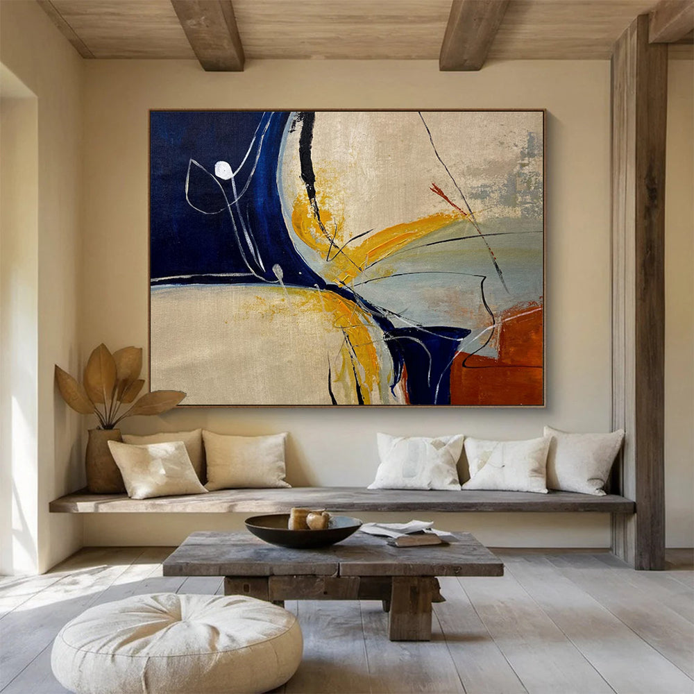 Blue Yellow Line Abstract Painting with Minimalist Shapes THY331