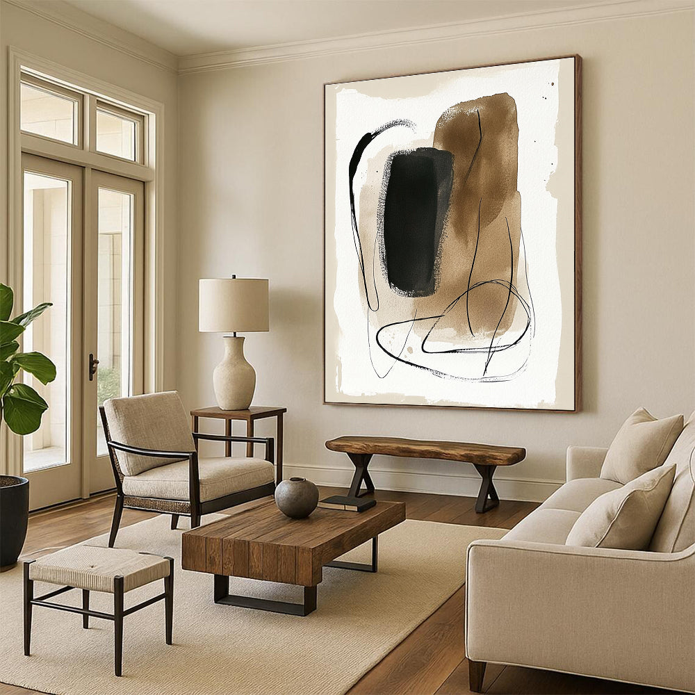 Abstract painting featuring minimalist wavy shapes and lines with black brush strokes and pastel colors on a beige background.STSC1463