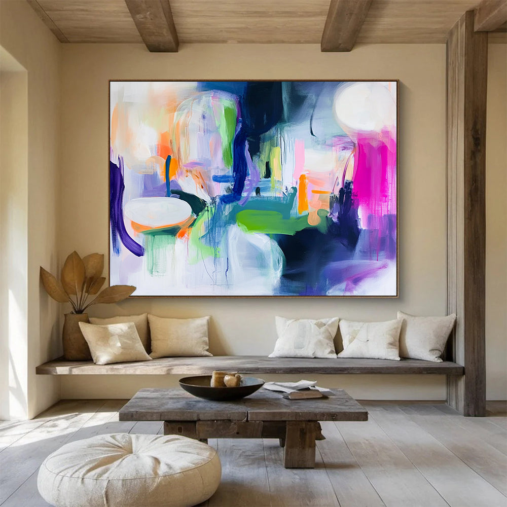 A large abstract painting featuring bright neon colors, thick brush strokes and loose shapes in white, green, purple, blue, pink, orange, and yellow.SC373