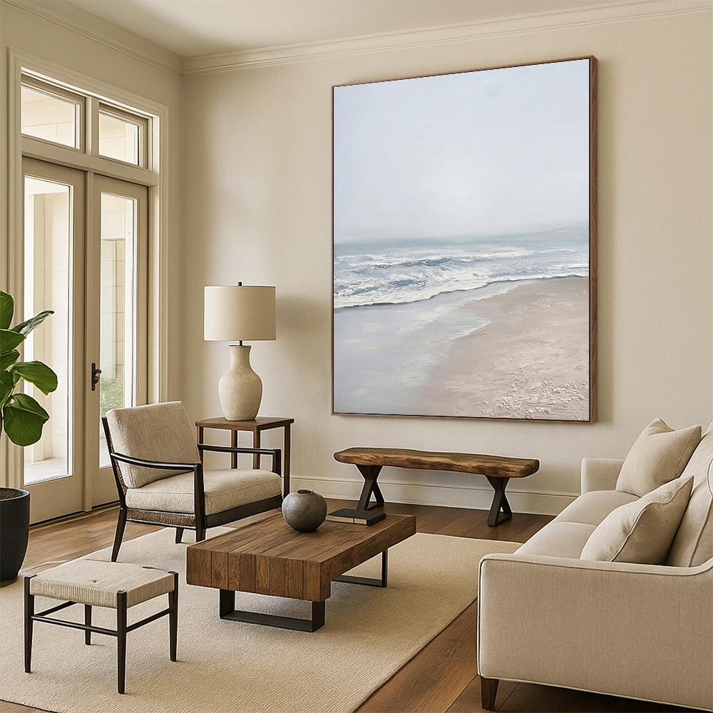 Light - toned Beach Scene Abstract Painting with Blue and Beige ADGE310