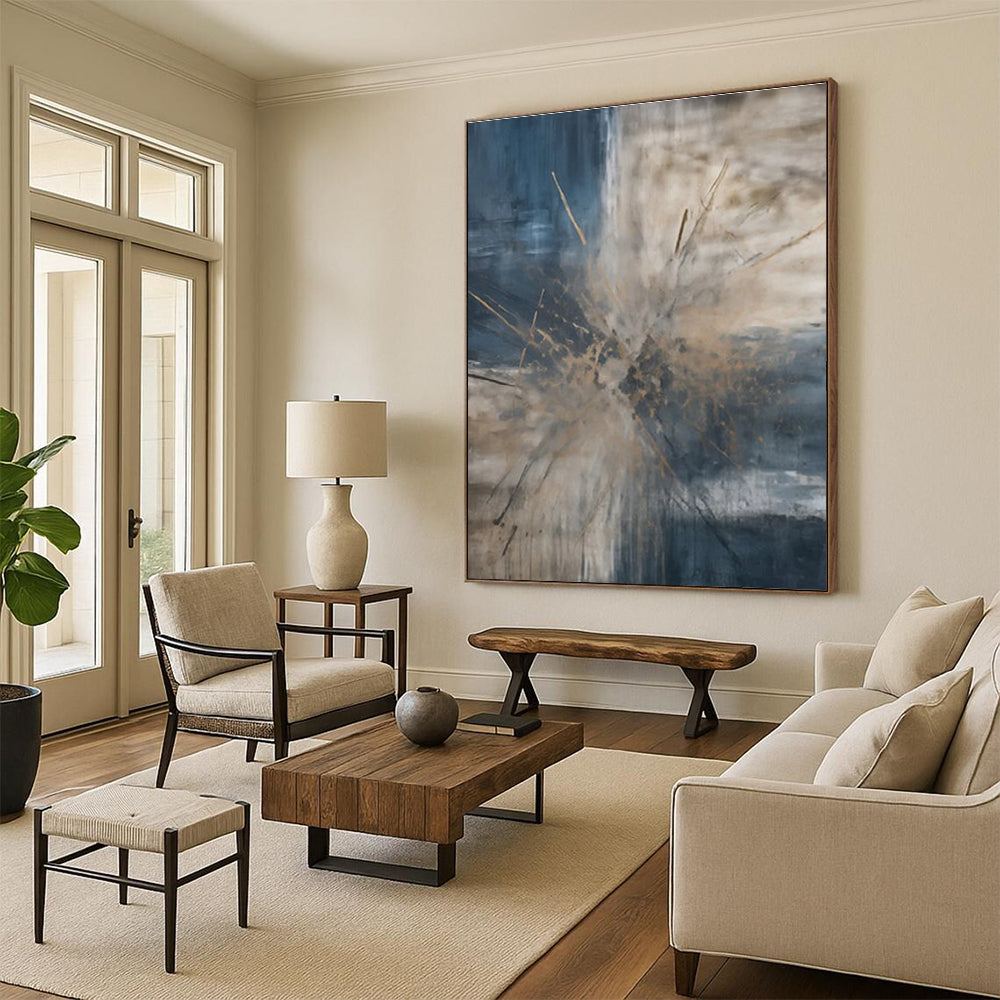 Blue and Beige Burst Abstract Painting with Dynamic Splashes ADGE119