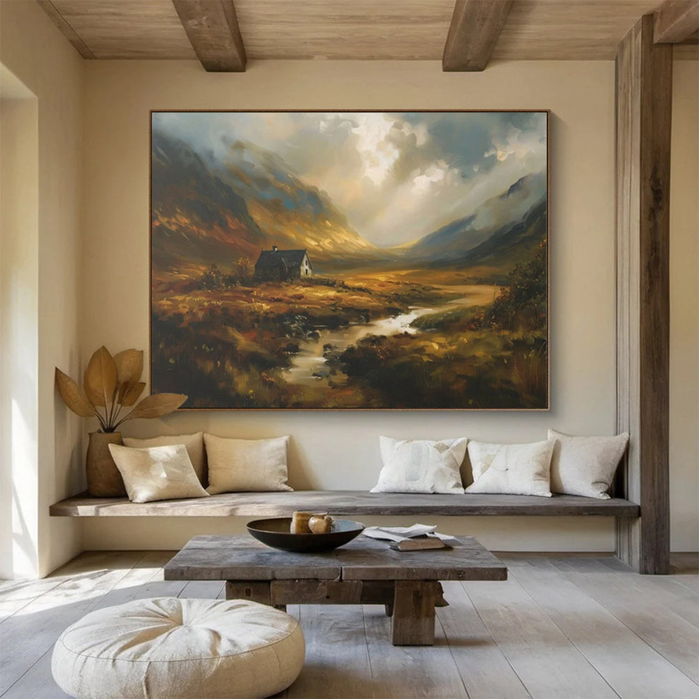 Mountain Cottage Abstract Painting with Warm, Rustic Charm THY402