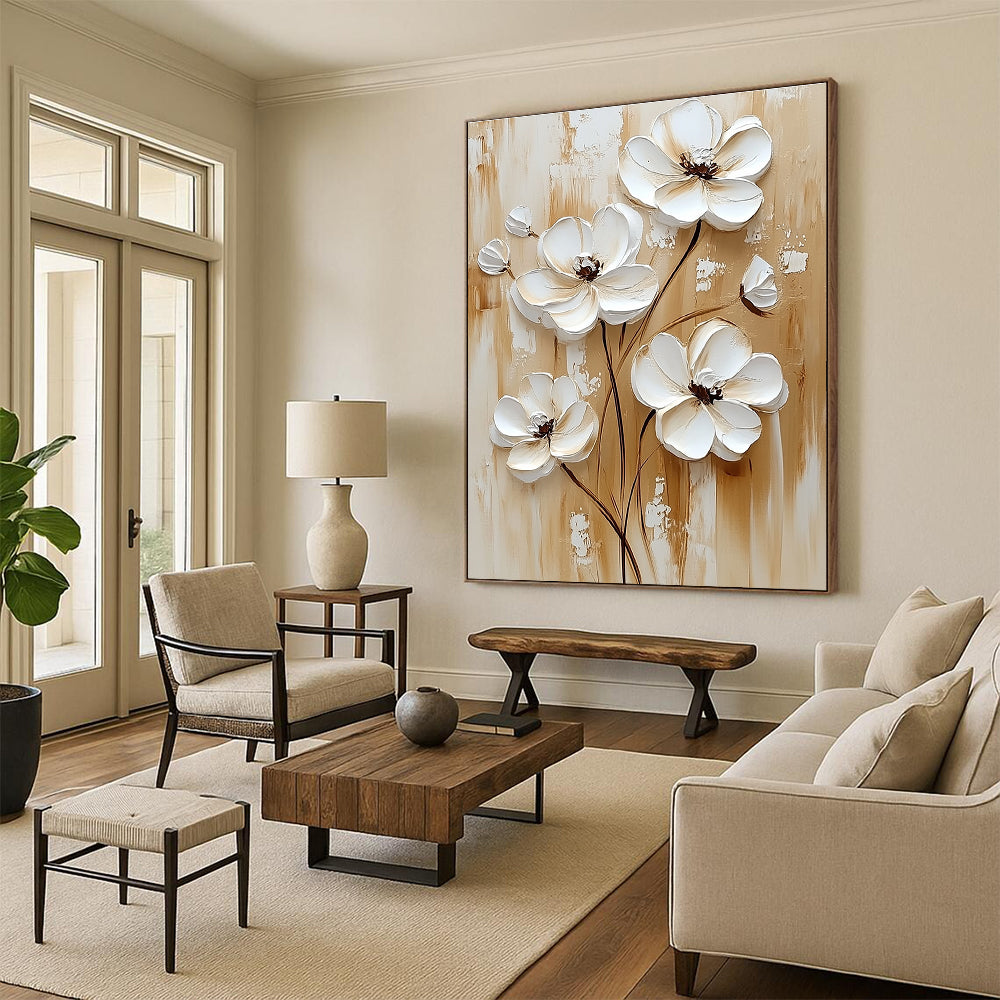 Abstract painting featuring white flowers on a beige background in a white cream and brown palette ideal for modern decor.STSC1479