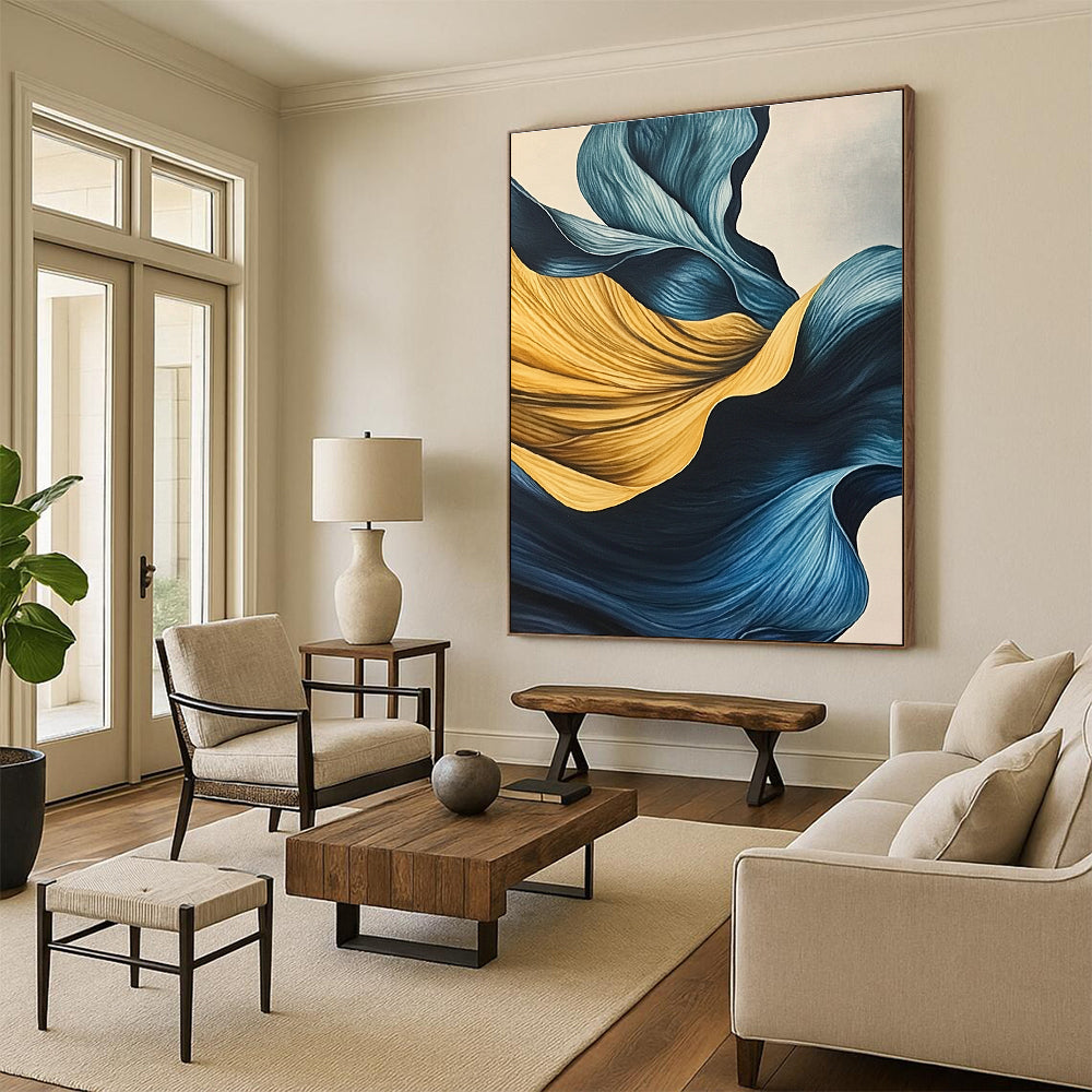 Blue and Yellow Flowing Abstract Painting with Smooth Curves GER049