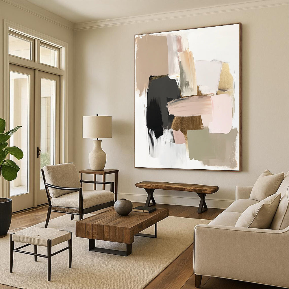 A large abstract painting featuring neutral tones with soft pinks and greens complemented by gold accents in a minimalist style.STSC619