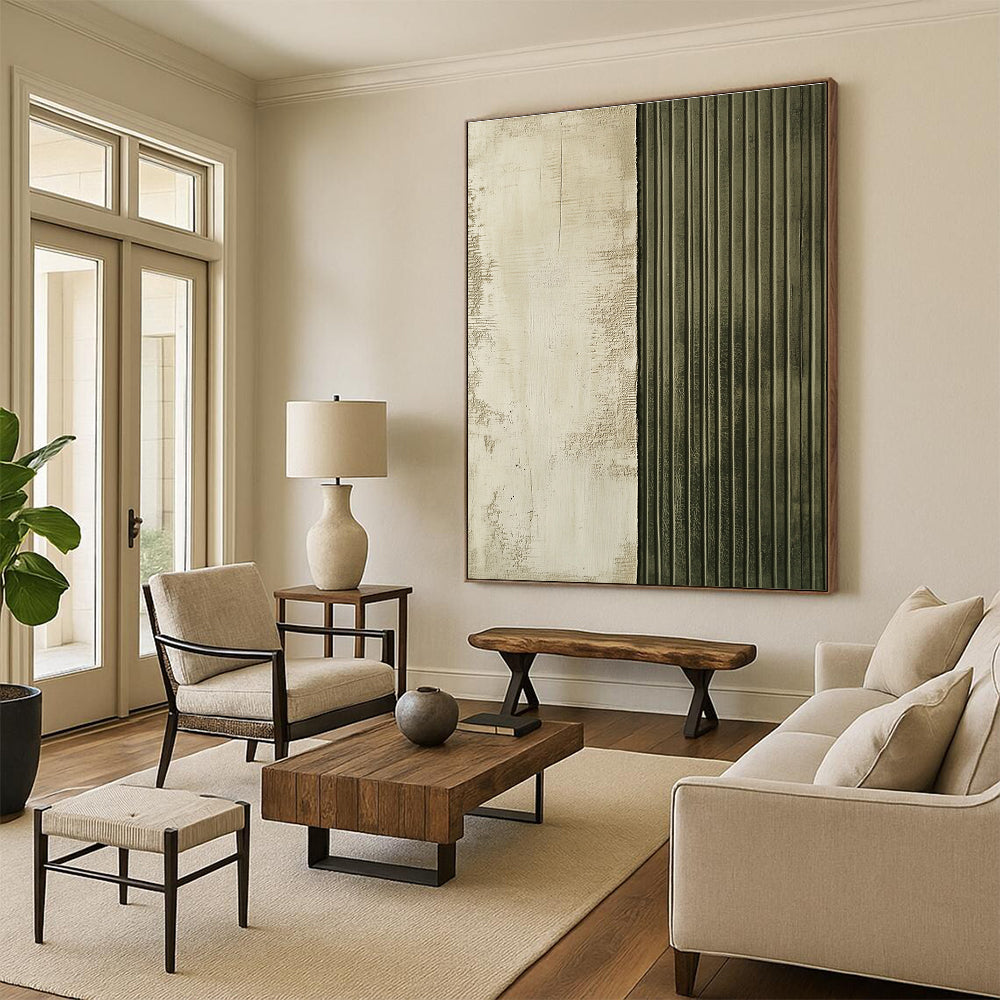 Textured Two - Tone Beige and Green Abstract Painting GER290