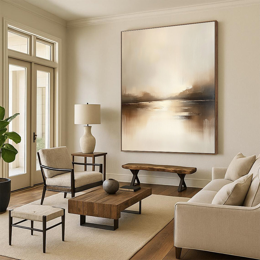 Large abstract painting featuring a serene lake in muted tones of beige and gray with soft edges and minimalist style, evoking tranquility and calmness.STSC091