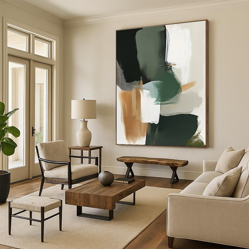 Large abstract painting featuring green grey and white tones with expressive brush strokes and organic shapes in a neutral color palette.STSC760
