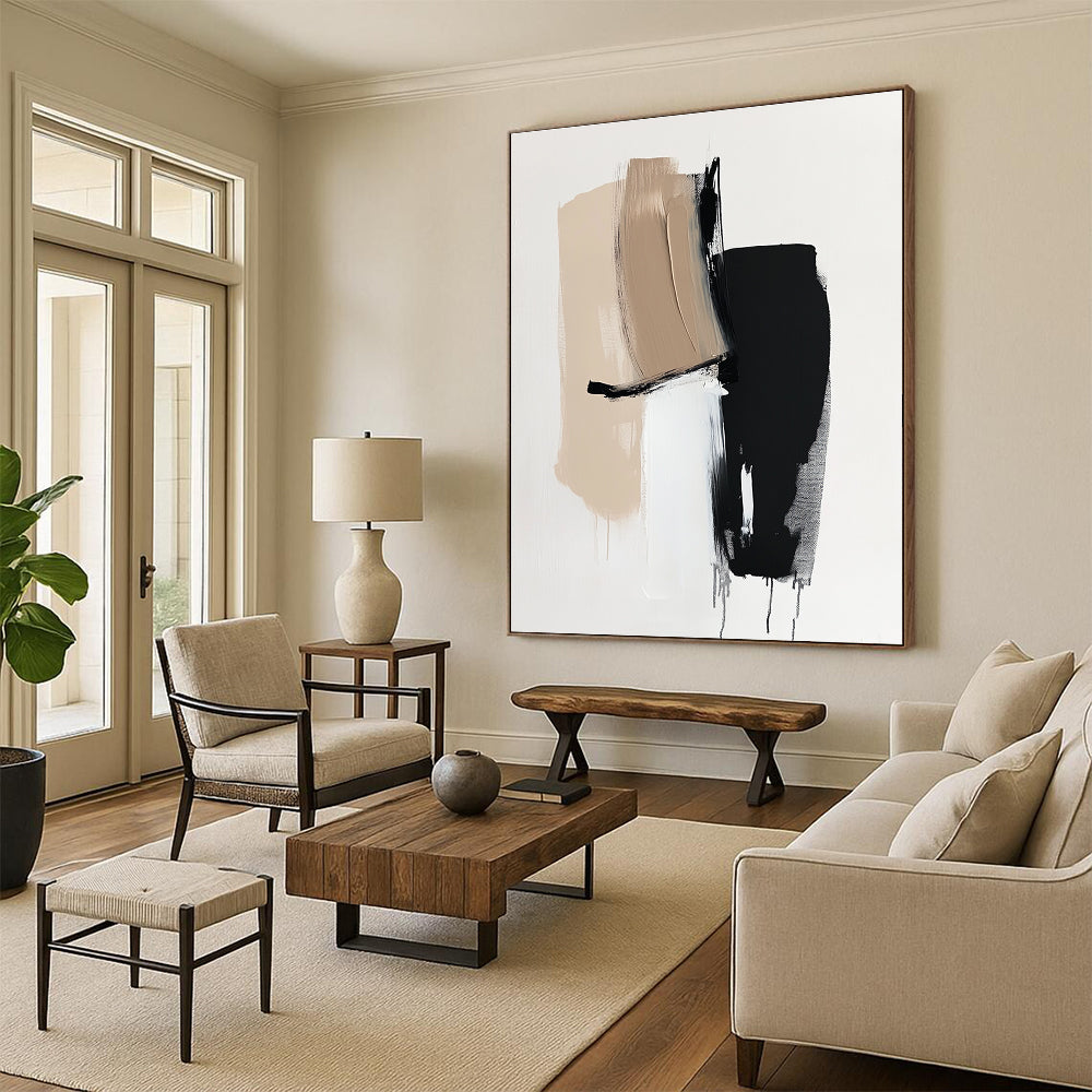 Beige Black and White Abstract Painting with Minimalist Shapes GER632