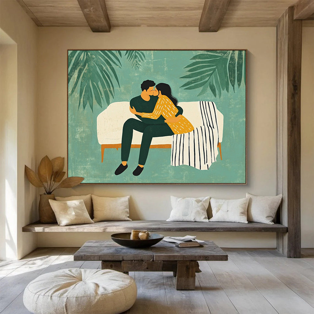 Romantic Couple Abstract Painting with Green and Yellow Tones DYP558