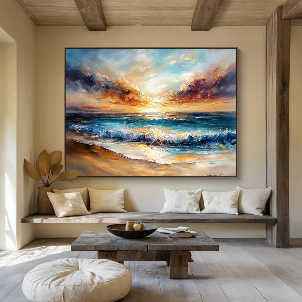 Abstract oil painting of a tranquil beach scene featuring a sunset with golden sand and vibrant colors evoking serenity and calmness for home decor.SC417