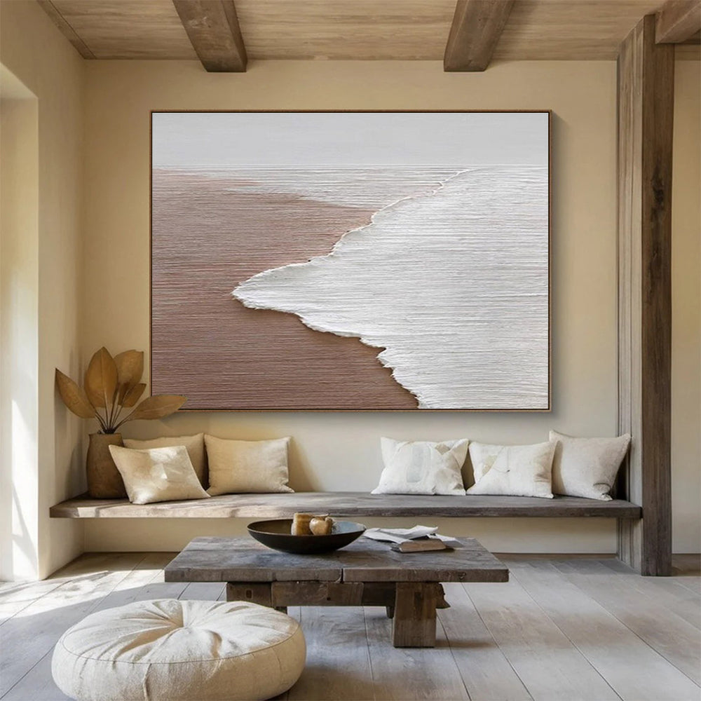 Beach Wave Abstract Painting with Brown and White Tones THY178