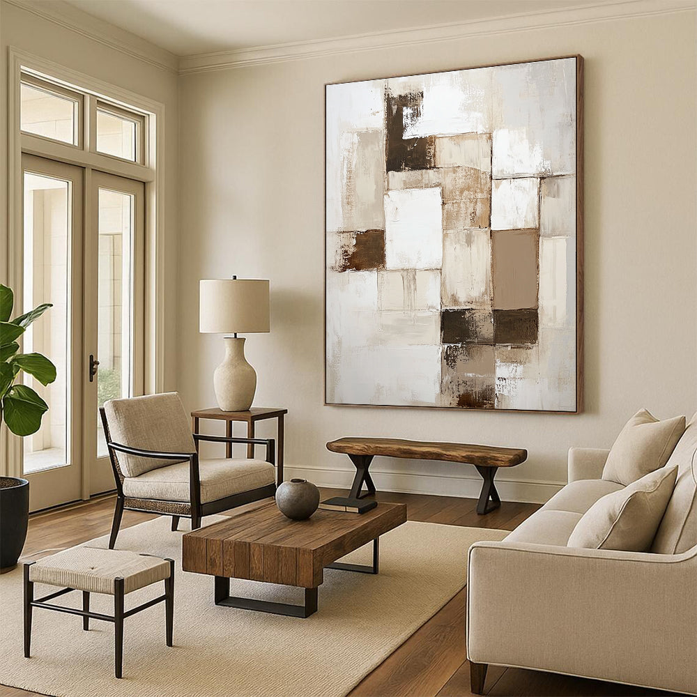 Beige Brown and White Abstract Painting with Patchwork Textures GER635