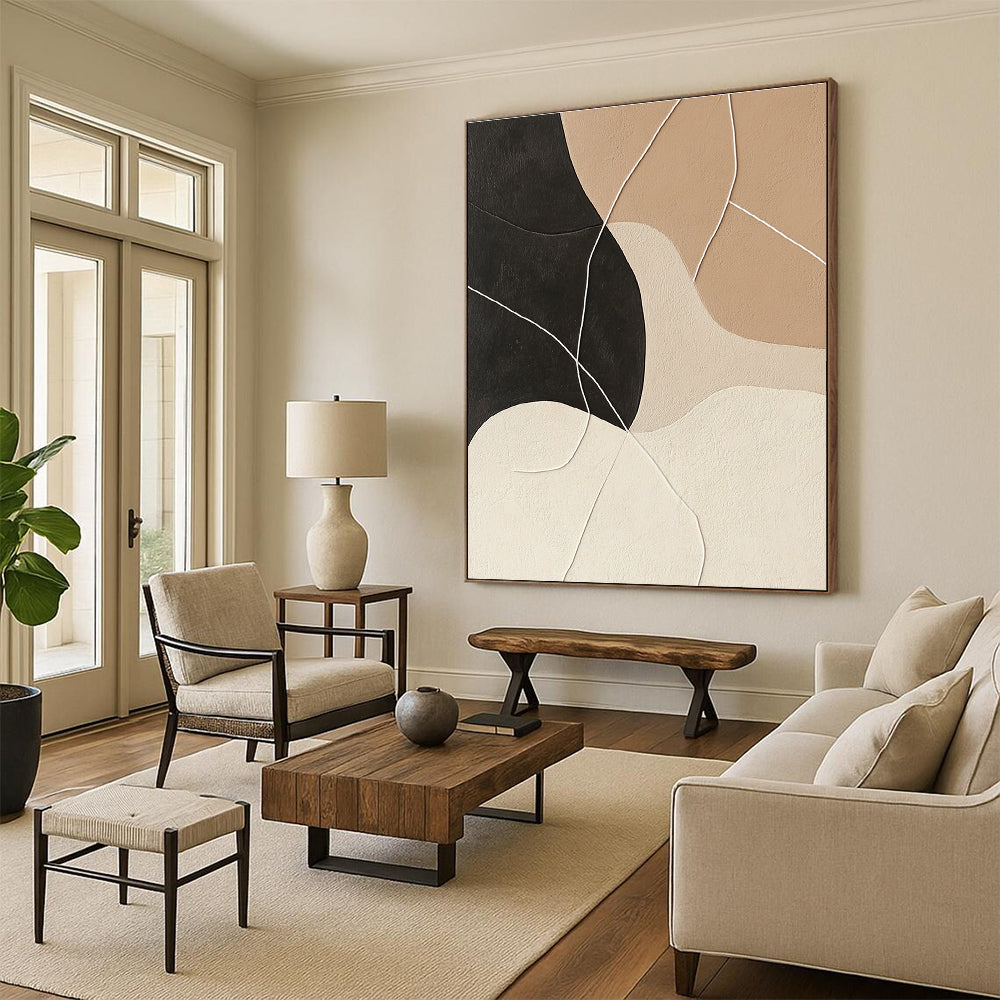 Large abstract painting in beige and black with interconnected white strings for a striking and modern artistic statement.STSC468