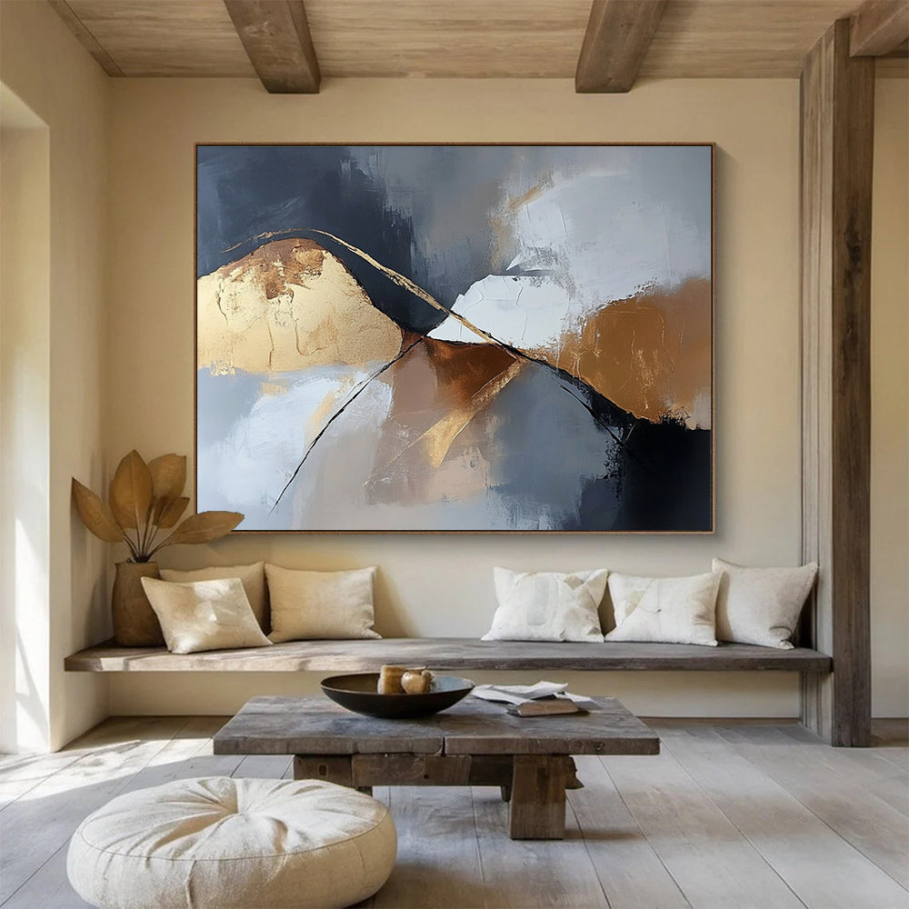 Gray Gold Abstract Landscape Painting with Abstract Mountains DYP485