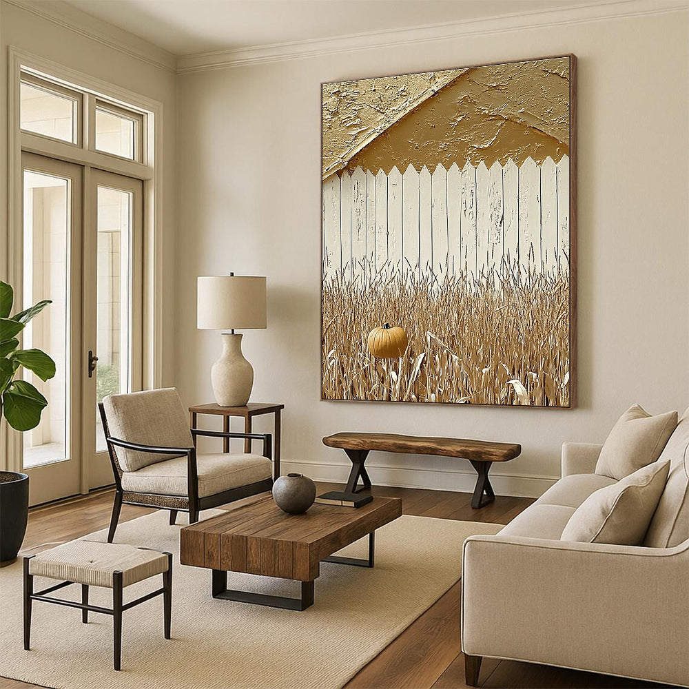 Large Abstract Painting Featuring Autumn Red Barn White Fence Pumpkins and Corn Fields Ideal for Photography Backdrop.STSC890