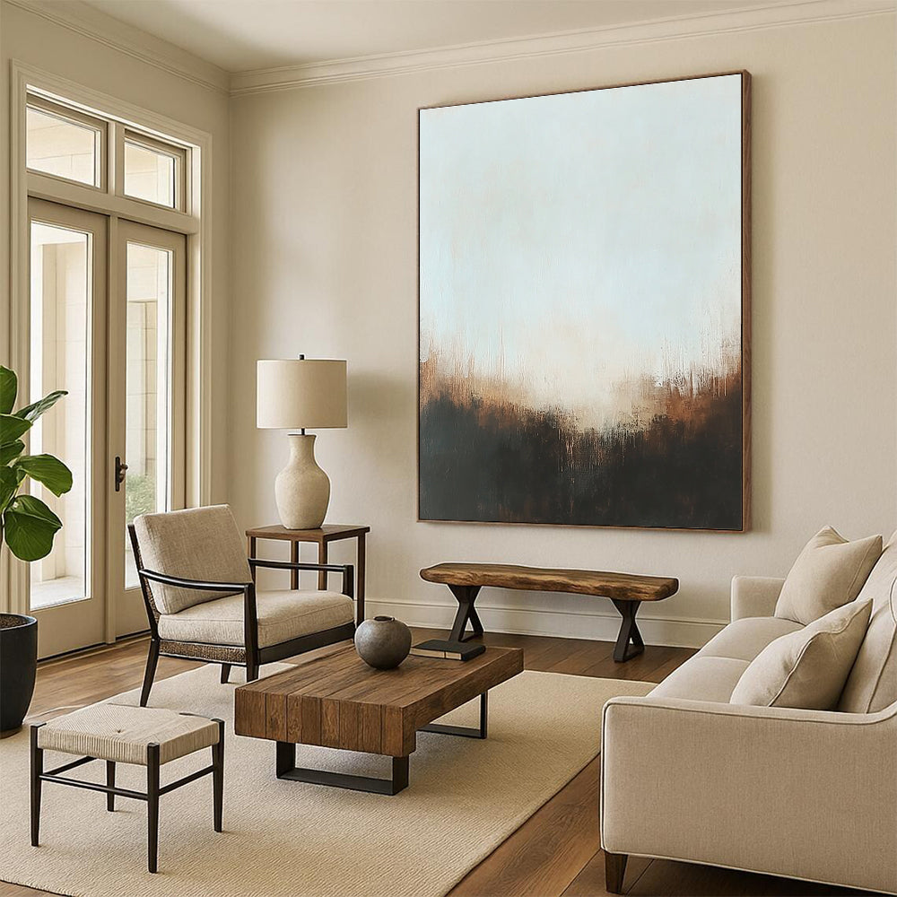 Large abstract painting with muted colors and soft edges featuring a foggy atmosphere and hints of gold accents in a low-key lighting.STSC099