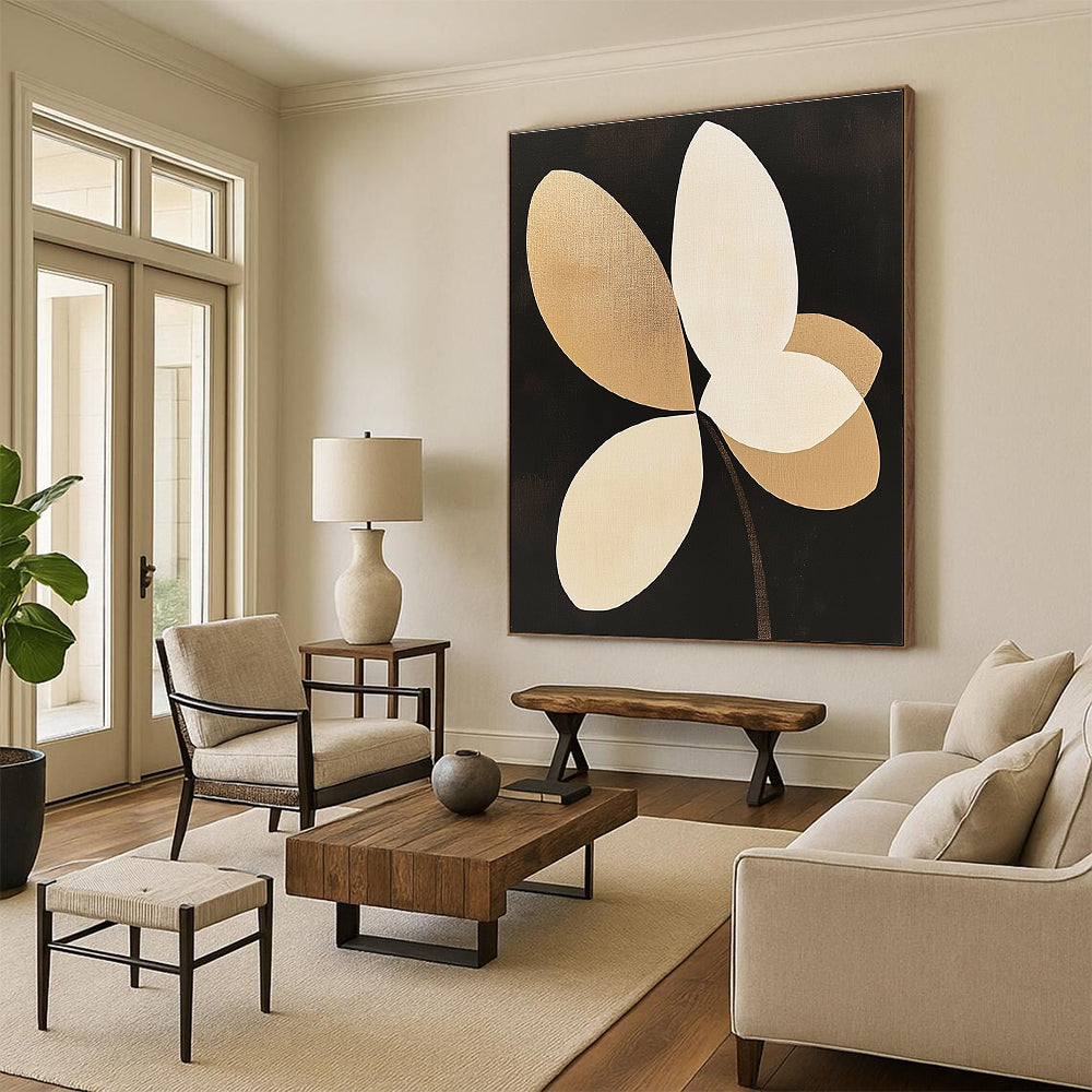 Large Abstract Painting Featuring Beige and White Orchid Petal Shapes on a Black Background with Minimalist Design and Clean Lines.STSC1144