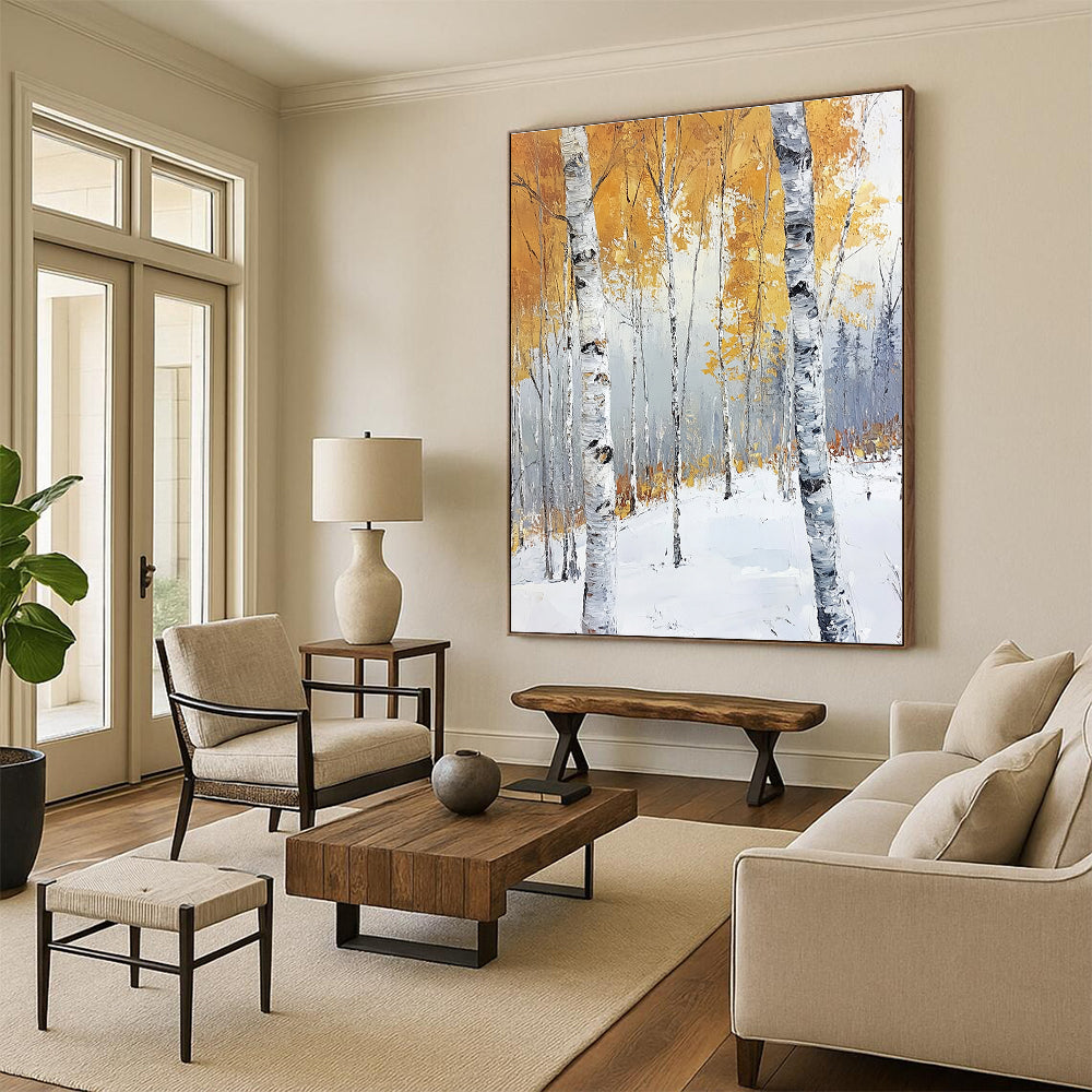 Large abstract painting of birch trees in late autumn with golden leaves against a cool gray background showcasing serene and powerful contrasts.STSC1123