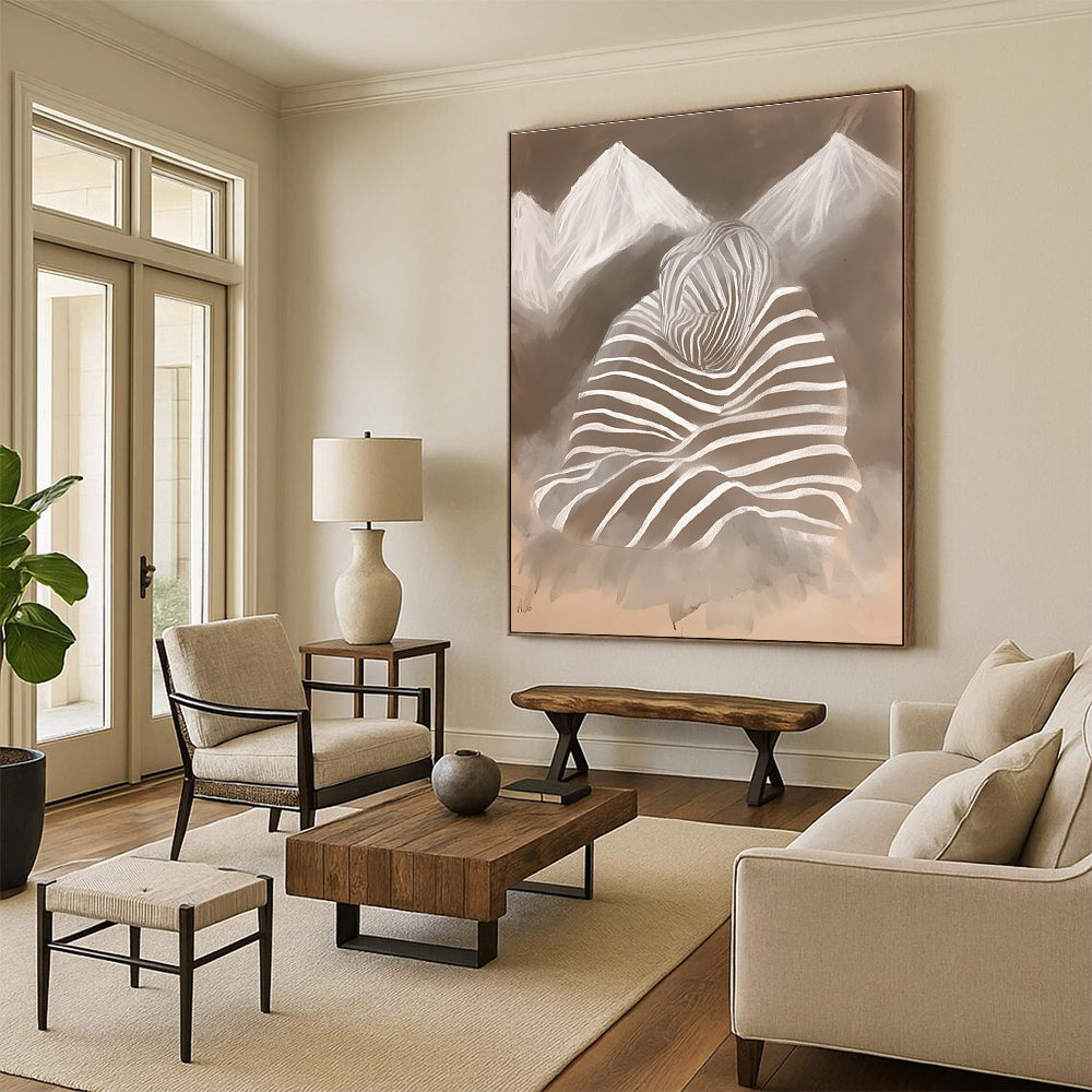 Abstract chalk drawing featuring zebra print with mountains and a woman's silhouette wrapped in a striped blanket in soft atmospheric tones.STSC1474