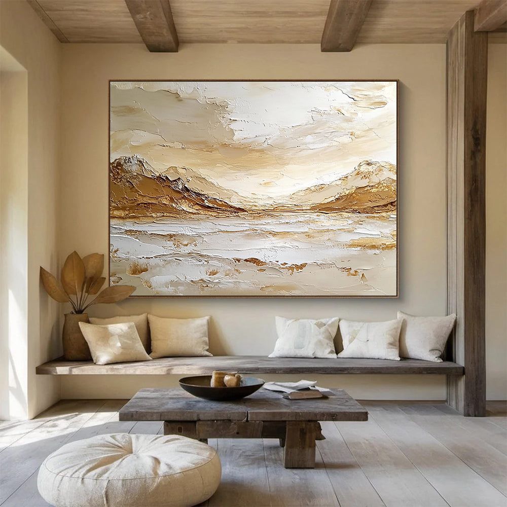 Large abstract painting depicting an Arctic landscape with mountains, sea waves, and sky in warm tones on textured canvas using impasto technique.SC621