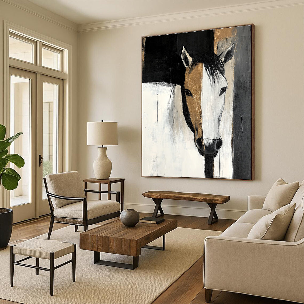 Large abstract painting featuring black and white shapes with gold highlights and a horse's head emerging from shadows conveying mystery and depth.STSC214