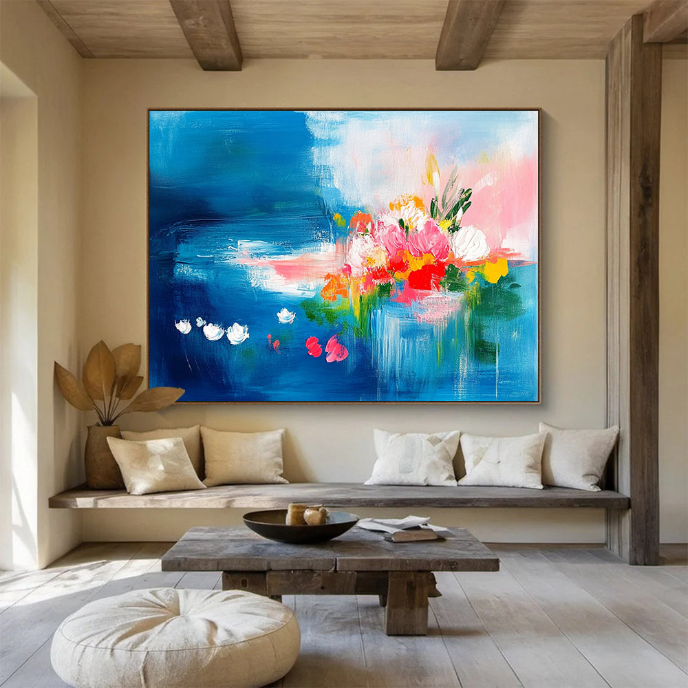 Abstract painting featuring vibrant pink and turquoise flowers on a blue background with green leaves and bright clouds, creating a joyful and dynamic atmosphere.SC235