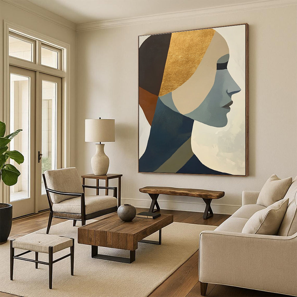 Large abstract painting featuring cubist shapes and lines muted colors gold foil accents and a hint of the female form.STSC692