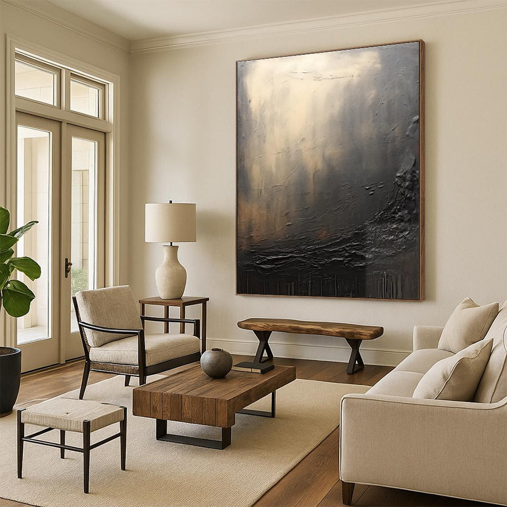 Dark Textured Abstract Painting with Subtle Light Highlights ADGE449