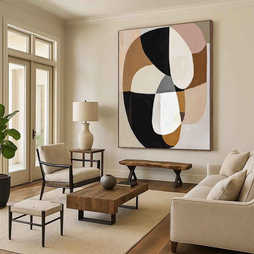 Large abstract painting featuring loose black white and beige shapes in neutral muted tones inspired by Marie Livingstone.STSC740
