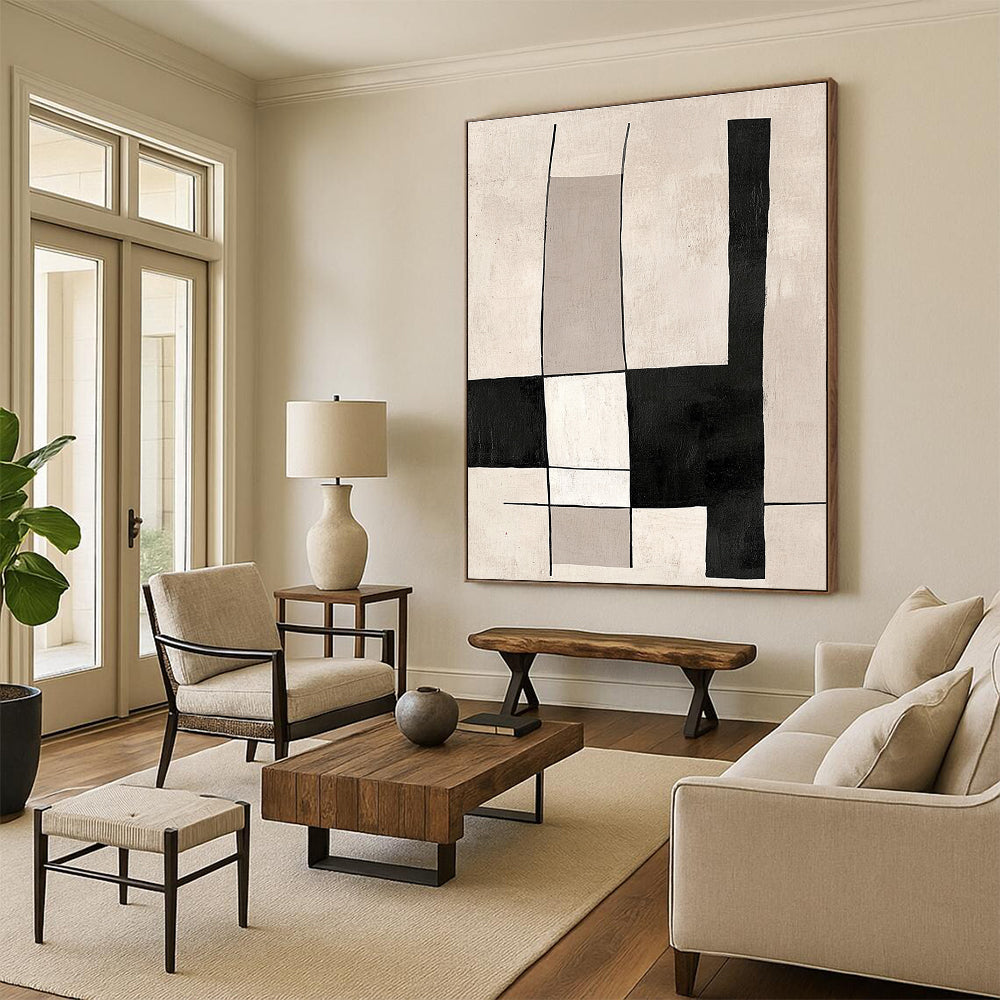 Black and White Abstract Painting with Geometric Forms GER609