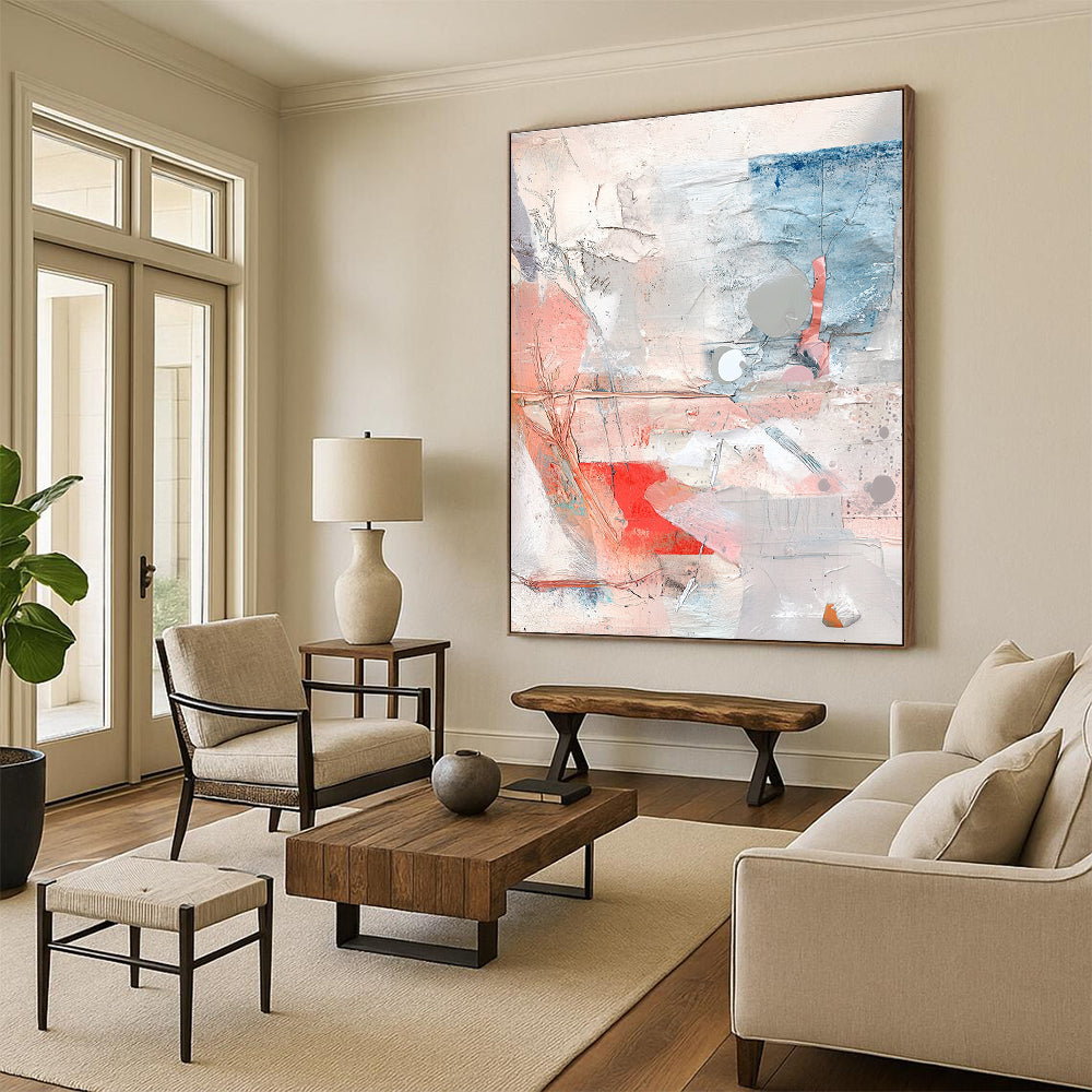 Mixed Media Abstract Collage with Pink Blue and Gray Tones GER194