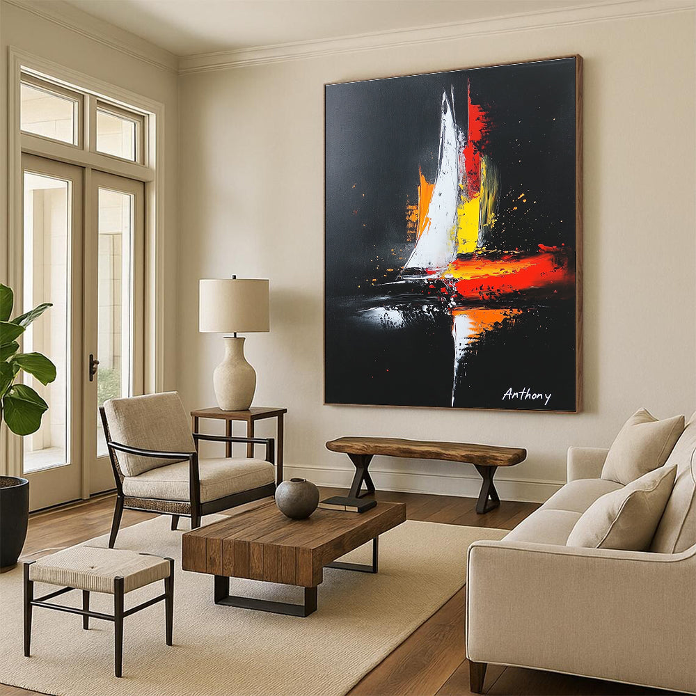 Large abstract painting featuring a sailboat on a black background with white highlights and vibrant red yellow and orange accents in a minimalistic style.STSC815