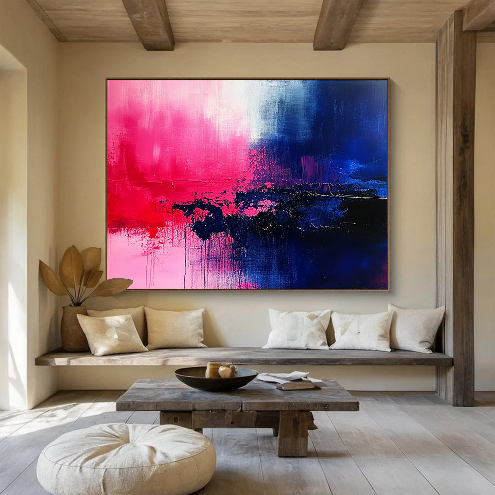 Large abstract painting featuring vibrant shades of blue pink red purple and black, ideal for contemporary decor.SC026