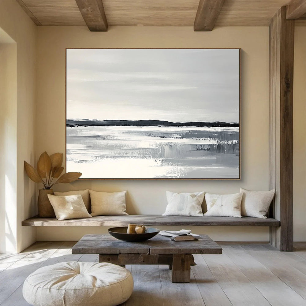 Abstract painting of an Arctic landscape with a white sky gray water and black land featuring thick brush strokes and a monochromatic color scheme.SC154